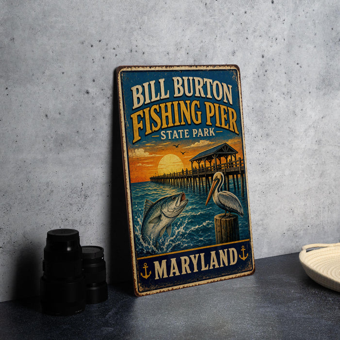 A vintage-style metal sign for Bill Burton Fishing Pier in Maryland, featuring an illustration of a pier, a pelican, and a fish.