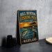 A vintage-style metal sign for Bill Burton Fishing Pier in Maryland, featuring an illustration of a pier, a pelican, and a fish.