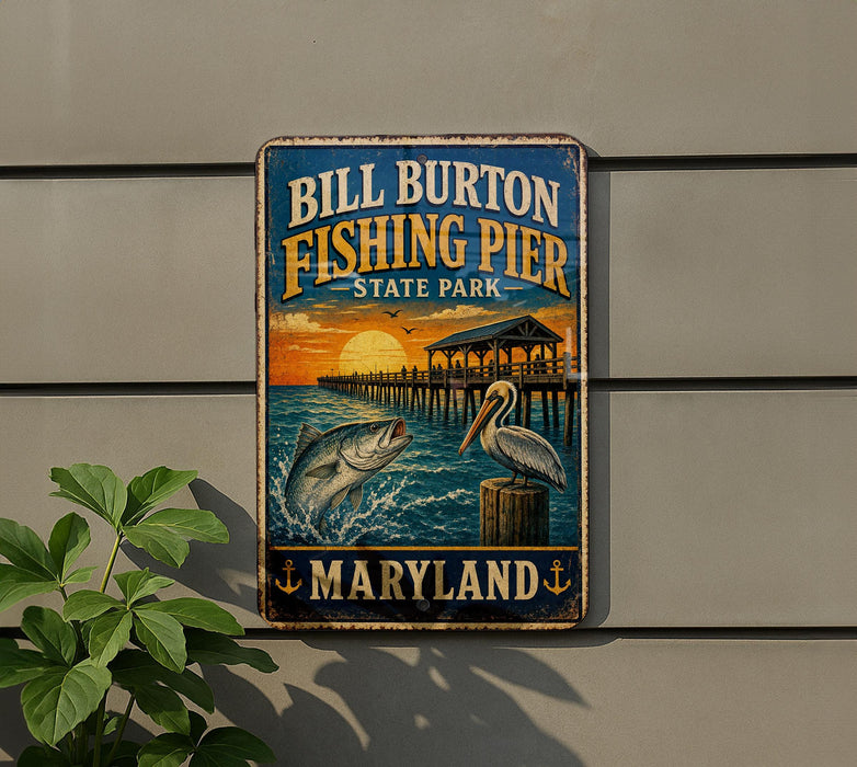 A vintage metal sign for Bill Burton Fishing Pier in Maryland, featuring an illustration of a fish jumping out of the water and a pelican perched on a wooden post.