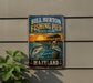 A vintage metal sign for Bill Burton Fishing Pier in Maryland, featuring an illustration of a fish jumping out of the water and a pelican perched on a wooden post.