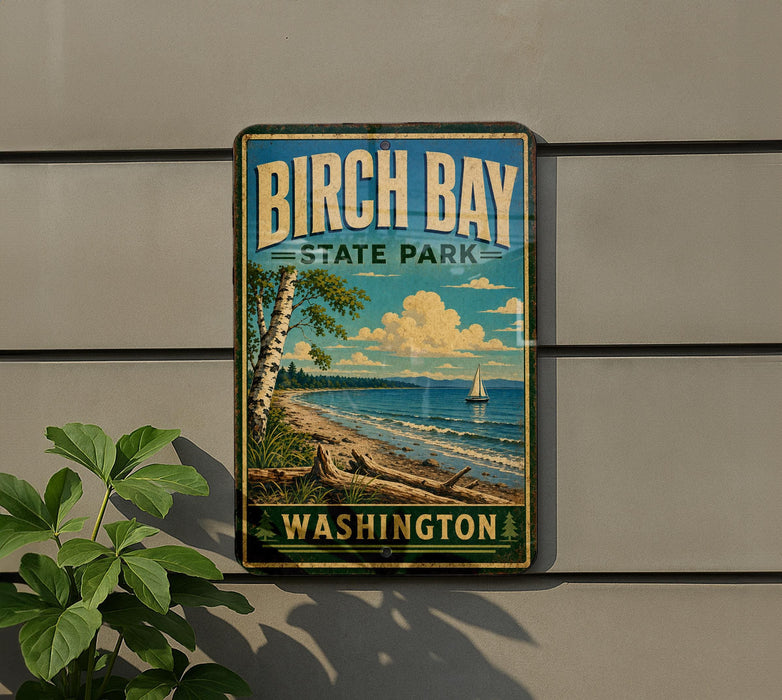 A vintage-style sign for Birch Bay State Park in Washington, featuring a scenic image of a lake, trees, and a sailboat.