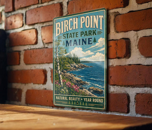 A vintage-style metal sign for Birch Point State Park in Maine, featuring a scenic landscape with a rocky coastline, pine trees, and a blue sky with clouds.