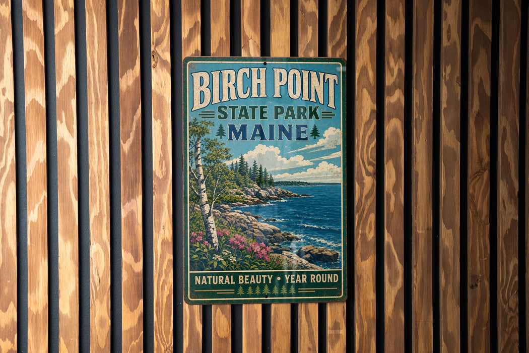 A vintage metal sign for Birch Point State Park in Maine, featuring a scenic landscape with a rocky coastline, pine trees, and a blue sky with clouds.