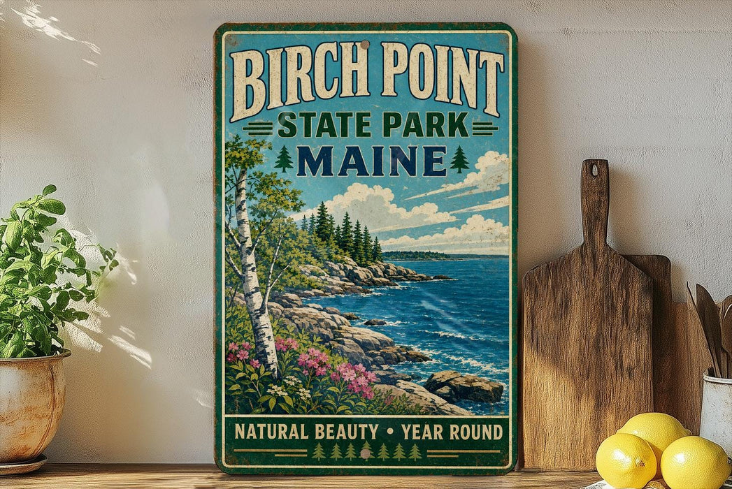 A vintage-style sign for Birch Point State Park in Maine, featuring a scenic landscape with a rocky coastline, pine trees, and a blue sky with clouds.