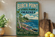 A vintage-style sign for Birch Point State Park in Maine, featuring a scenic landscape with a rocky coastline, pine trees, and a blue sky with clouds.