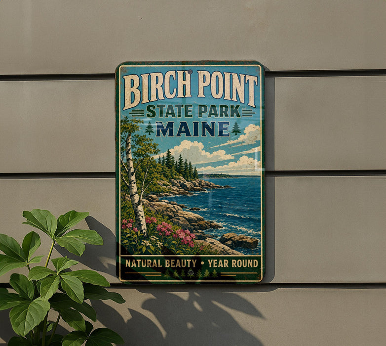 A vintage-style metal sign for Birch Point State Park in Maine, featuring a scenic landscape with a rocky coastline, trees, and a blue sky with clouds.
