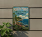 A vintage-style metal sign for Birch Point State Park in Maine, featuring a scenic landscape with a rocky coastline, trees, and a blue sky with clouds.