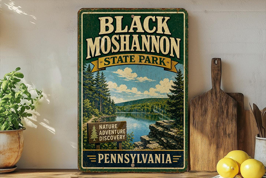 A vintage-style sign for Black Moshannon State Park in Pennsylvania, featuring a scenic landscape with a lake and pine trees.