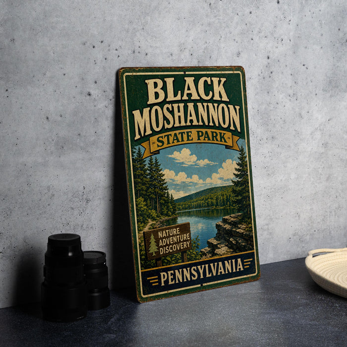 A vintage-style metal sign for Black Moshannon State Park in Pennsylvania, featuring a scenic landscape with pine trees and a lake.