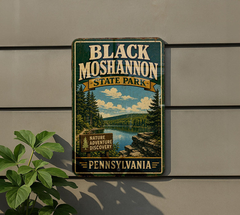 A vintage-style metal sign for Black Moshannon State Park in Pennsylvania, featuring a scenic landscape with pine trees, a lake, and mountains.