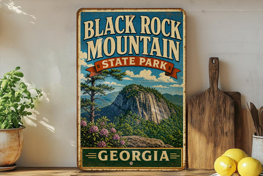 A vintage-style sign for Black Rock Mountain State Park in Georgia, featuring a scenic mountain landscape with pine trees and a rocky peak.