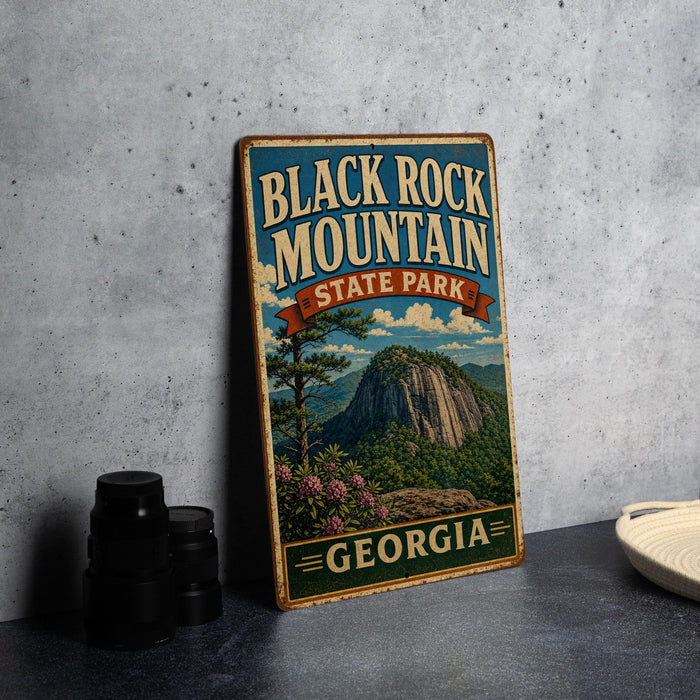 A vintage-style sign for Black Rock Mountain State Park in Georgia, featuring a scenic illustration of the mountain landscape.