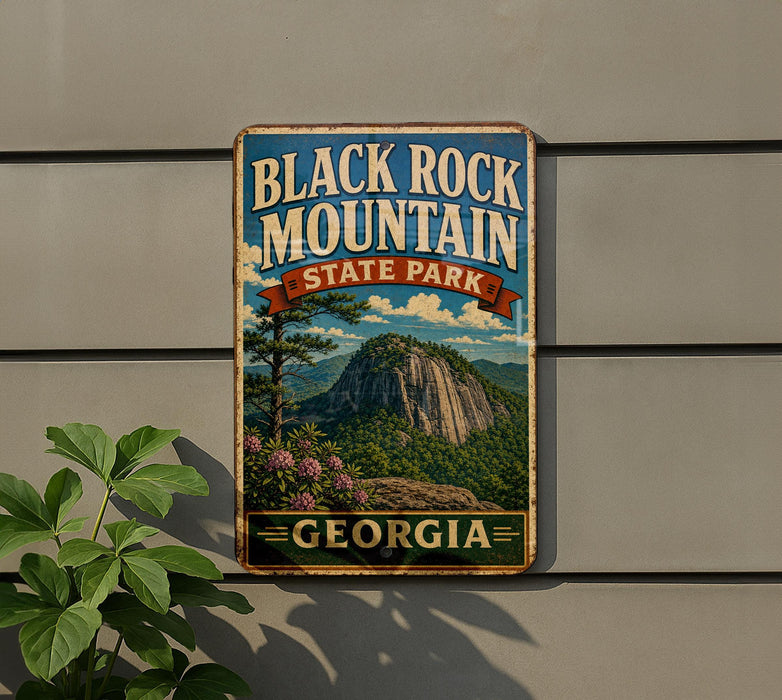 A vintage metal sign for Black Rock Mountain State Park in Georgia, featuring a scenic mountain landscape with a pine tree and flowers.