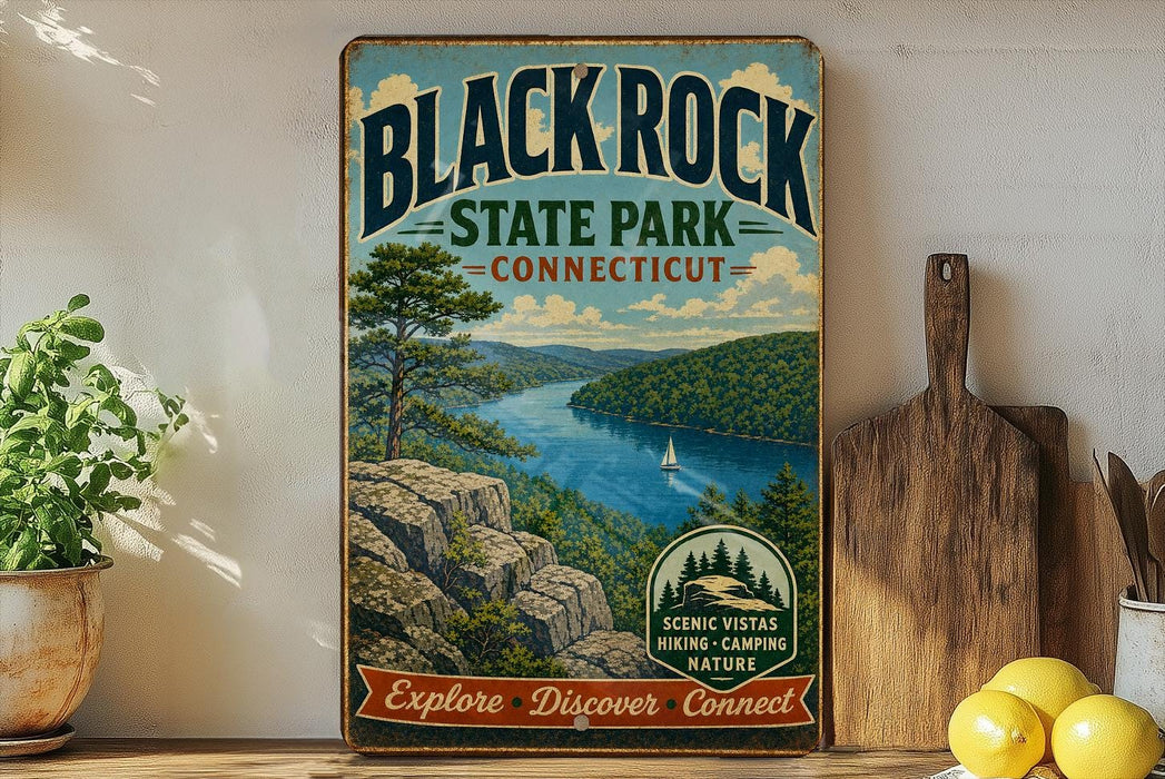 A vintage-style sign for Black Rock State Park in Connecticut, featuring a scenic landscape with a river, mountains, and a sailboat.