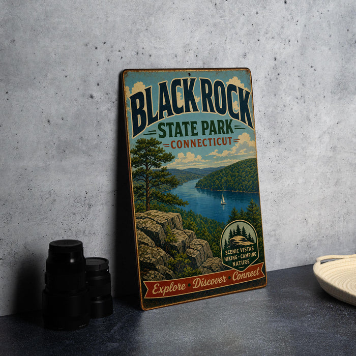A vintage-style metal sign for Black Rock State Park in Connecticut, featuring a scenic landscape with a lake, mountains, and a sailboat.