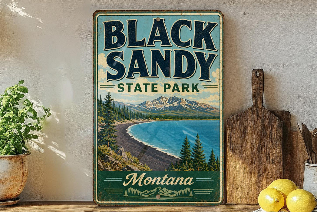 A vintage-style sign for Black Sandy State Park in Montana, featuring a scenic landscape with mountains, pine trees, and a lake.