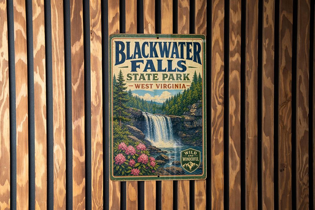 A vintage-style sign for Blackwater Falls State Park in West Virginia, featuring a waterfall surrounded by pine trees and pink flowers.