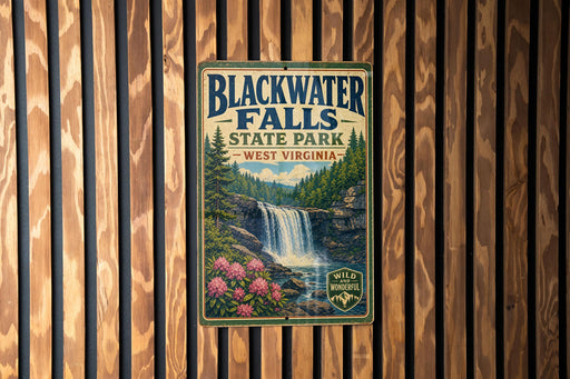 A vintage-style sign for Blackwater Falls State Park in West Virginia, featuring a waterfall surrounded by pine trees and pink flowers.