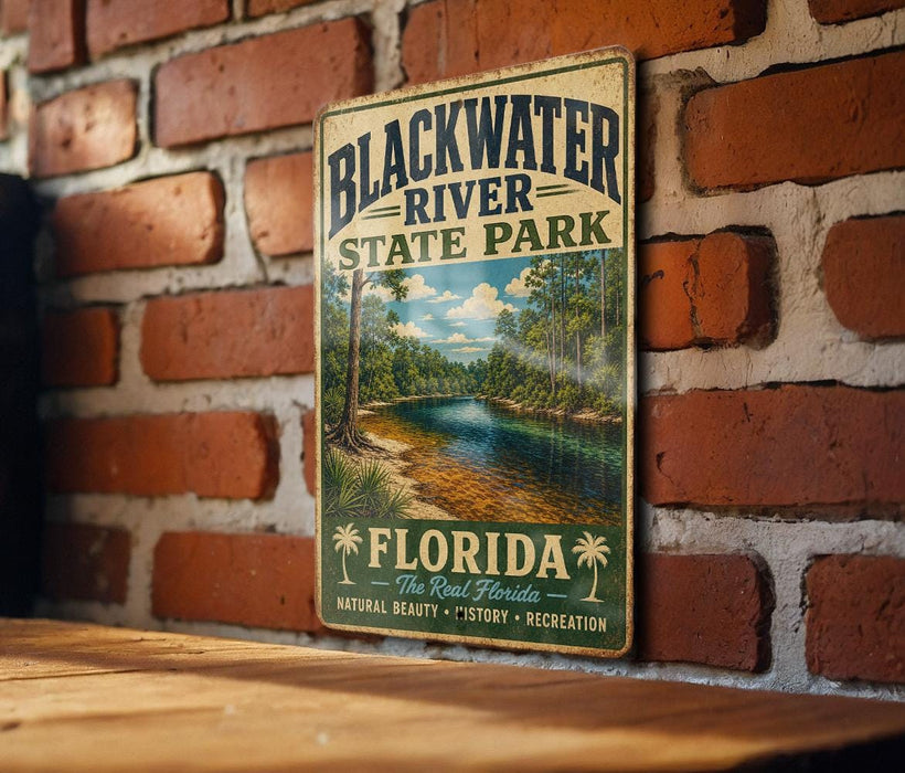A vintage-style metal sign for Blackwater River State Park in Florida, featuring a scenic image of the river surrounded by lush greenery.
