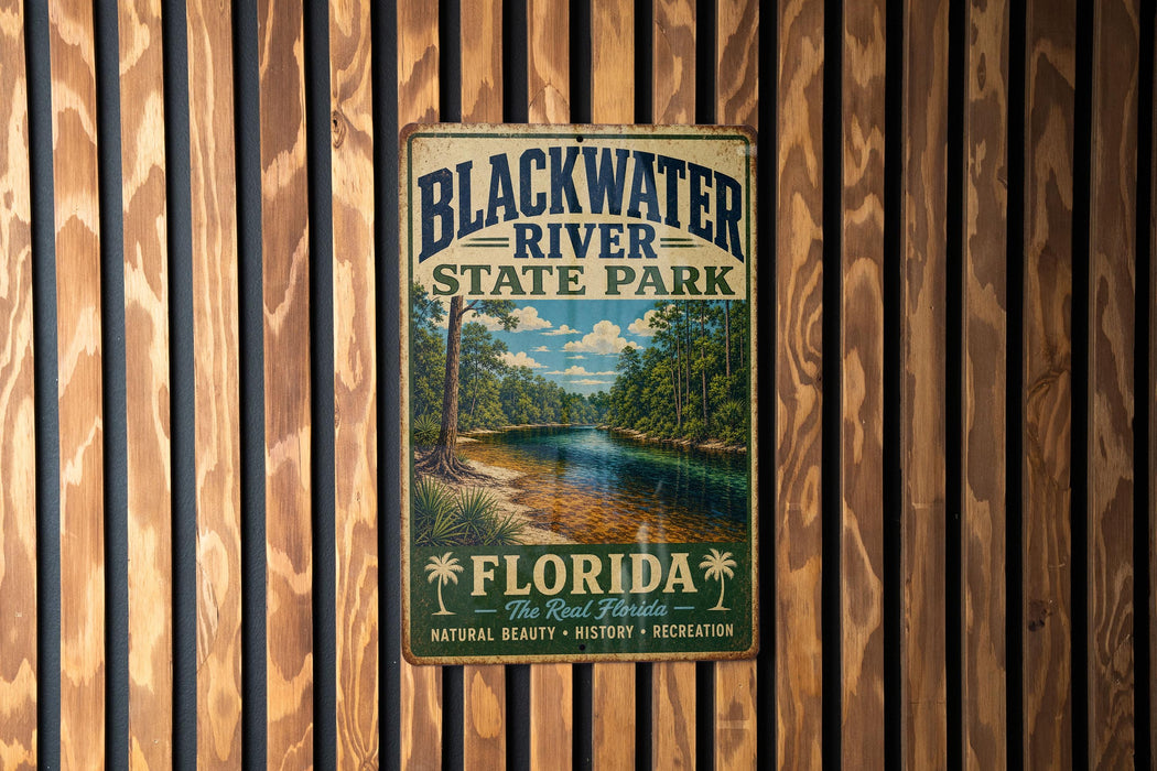 A vintage-style metal sign for Blackwater River State Park in Florida, featuring a scenic image of the river surrounded by lush greenery.