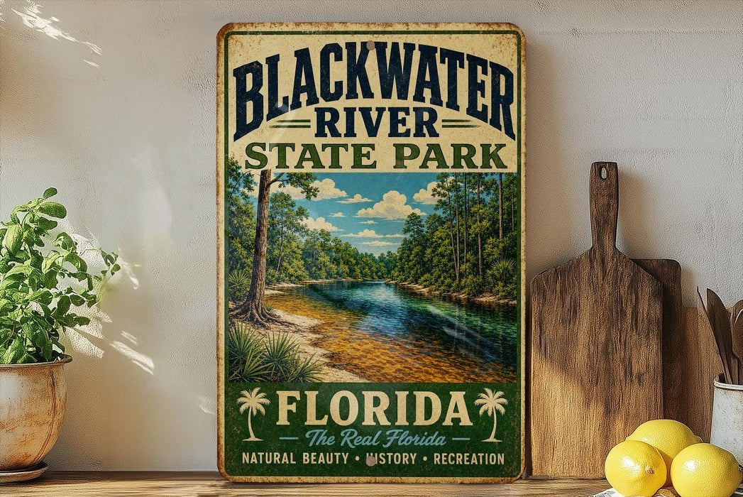 A vintage-style sign for Blackwater River State Park in Florida, featuring a scenic image of the river surrounded by lush greenery.