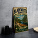 A vintage-style sign for Blackwater River State Park in Florida, featuring a scenic image of the river surrounded by lush greenery.