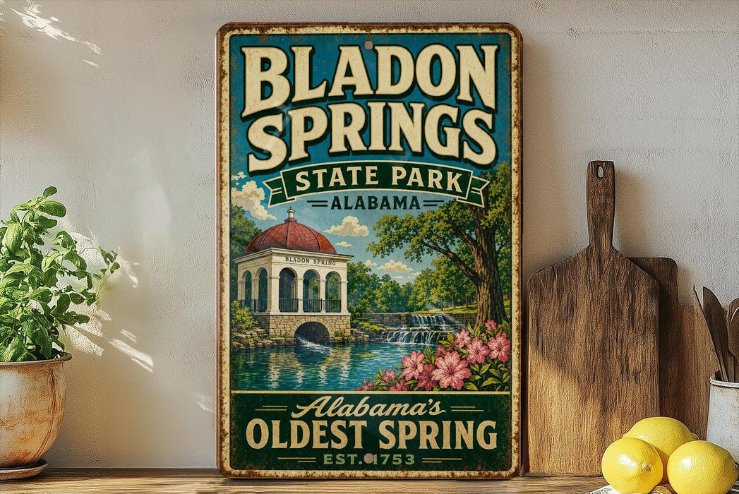 A vintage-style sign for Bladen Springs State Park in Alabama, featuring a scenic illustration of the park's landmark, Bladen Springs, with a waterfall and lush greenery.