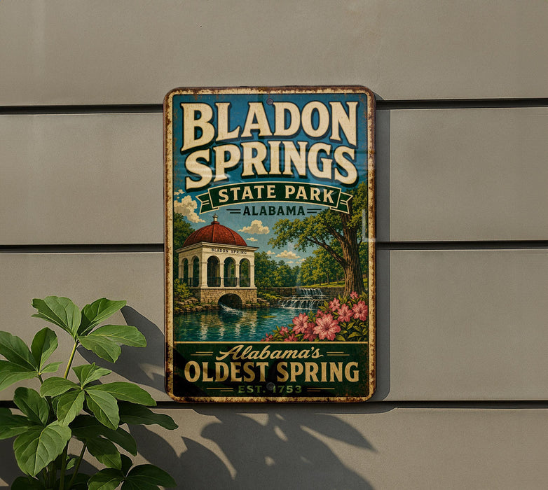 A vintage-style metal sign for Bladen Springs State Park in Alabama, featuring a scenic illustration of the park's landscape and architecture.