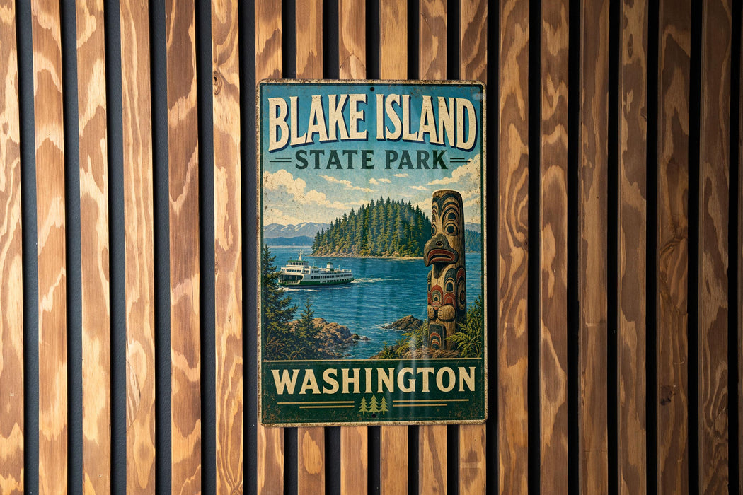 A vintage-style sign for Blake Island State Park in Washington, featuring a scenic image of the park and a boat on the water.