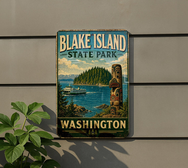 A vintage-style sign for Blake Island State Park in Washington, featuring a scenic image of the park and a boat on the water.