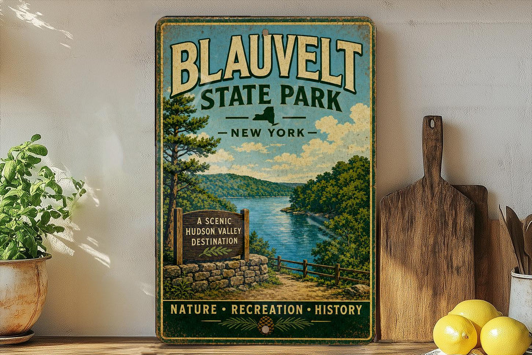 A vintage-style sign for Blauvelt State Park in New York, featuring a scenic image of the Hudson Valley with a lake and forest.