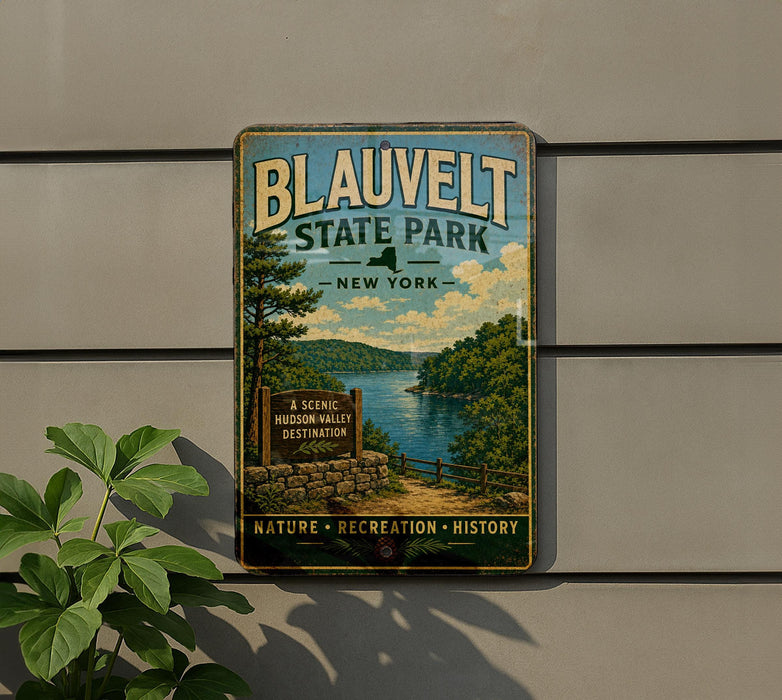 A vintage-style metal sign for Blauvelt State Park in New York, featuring a scenic image of the park and its surroundings.