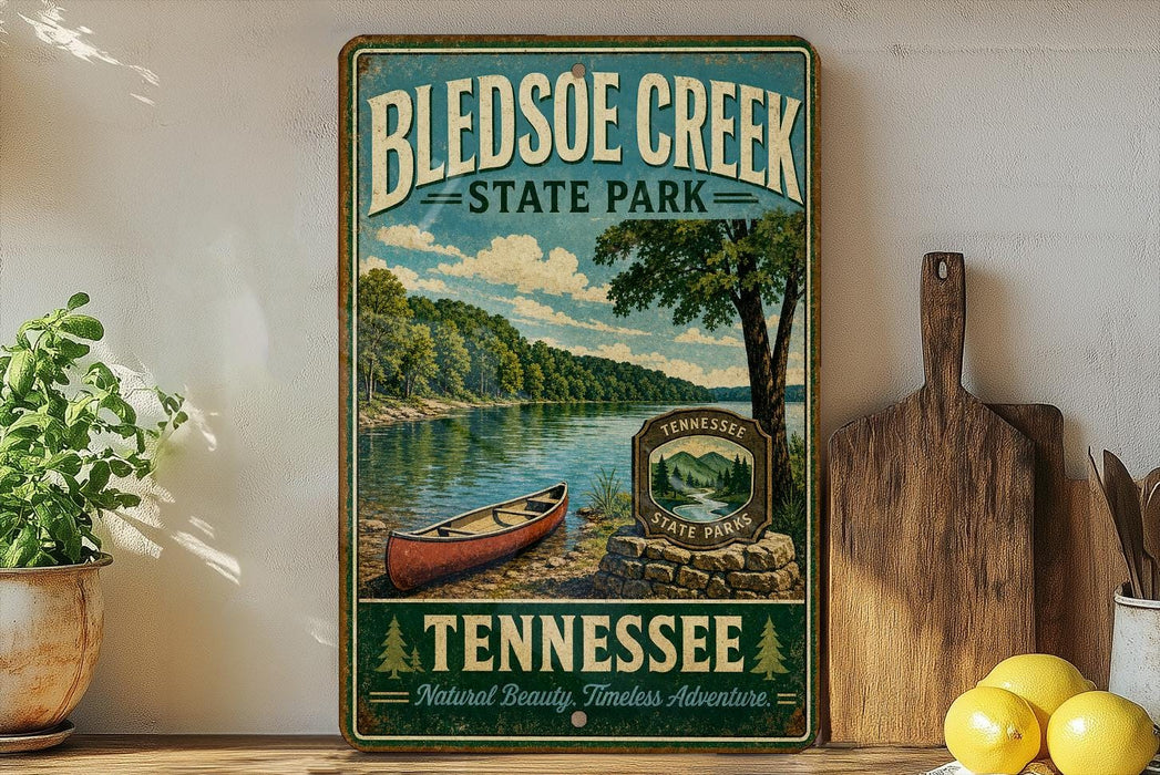A vintage-style sign for Bledsoe Creek State Park in Tennessee, featuring a canoe on the shore and a scenic landscape.