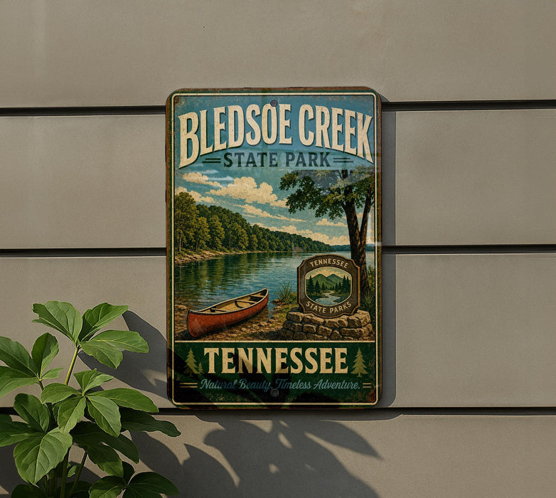 A vintage-style metal sign for Tennessee State Park, featuring a scenic image of a lake and canoe, mounted on a wall.