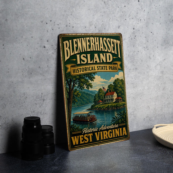 A vintage-style metal sign for Blennerhaslett Island, Historic State Park, West Virginia, featuring a scenic illustration of a boat on a river surrounded by lush greenery.