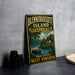 A vintage-style metal sign for Blennerhaslett Island, Historic State Park, West Virginia, featuring a scenic illustration of a boat on a river surrounded by lush greenery.