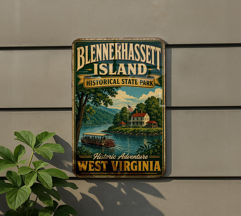 A vintage-style sign for Blennerhasselt Island, Historic State Park, West Virginia, featuring a scenic illustration of a river, houses, and boats.