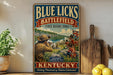 A vintage-style sign for Blue Licks Battlefield State Resort Park in Kentucky, featuring a historical illustration of soldiers in battle.