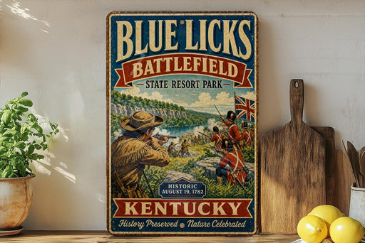 A vintage-style sign for Blue Licks Battlefield State Resort Park in Kentucky, featuring a historical illustration of soldiers in battle.