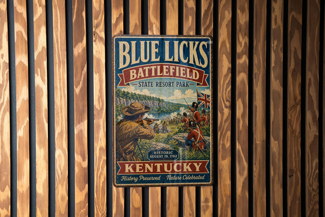 A vintage metal sign for Blue Licks Battlefield State Resort Park in Kentucky, featuring a historical illustration of soldiers and a scenic landscape.