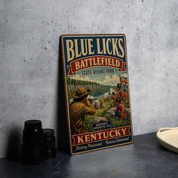 A vintage metal sign for Blue Licks Battlefield State Resort Park, featuring an illustration of soldiers and a scenic landscape.