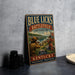 A vintage metal sign for Blue Licks Battlefield State Resort Park, featuring an illustration of soldiers and a scenic landscape.