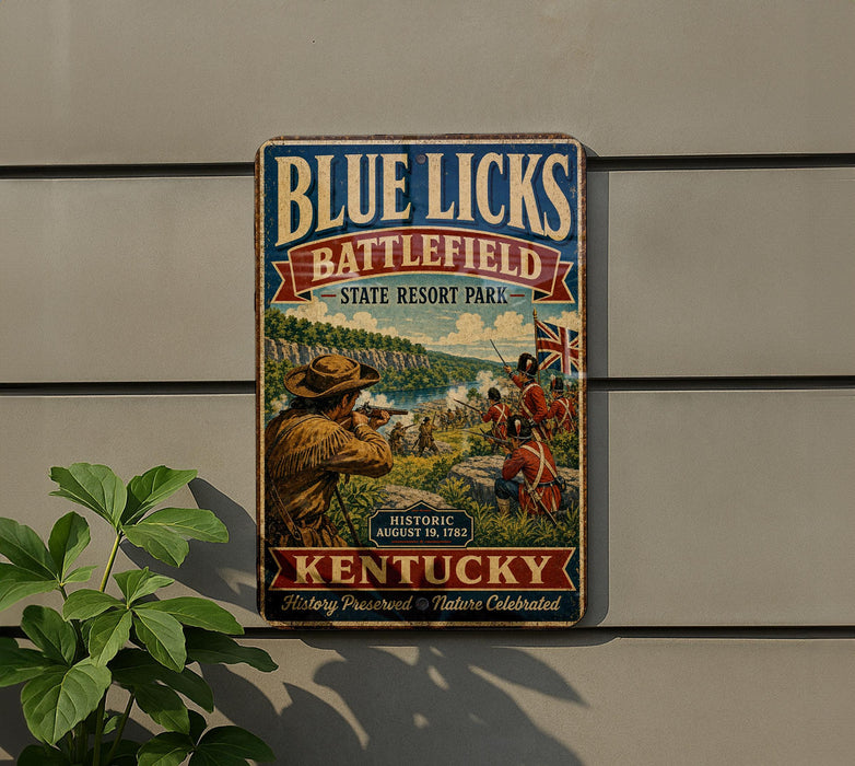 A vintage metal sign for Blue Licks Battlefield State Resort Park in Kentucky, featuring a historical illustration of soldiers in battle.