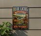 A vintage metal sign for Blue Licks Battlefield State Resort Park in Kentucky, featuring a historical illustration of soldiers in battle.