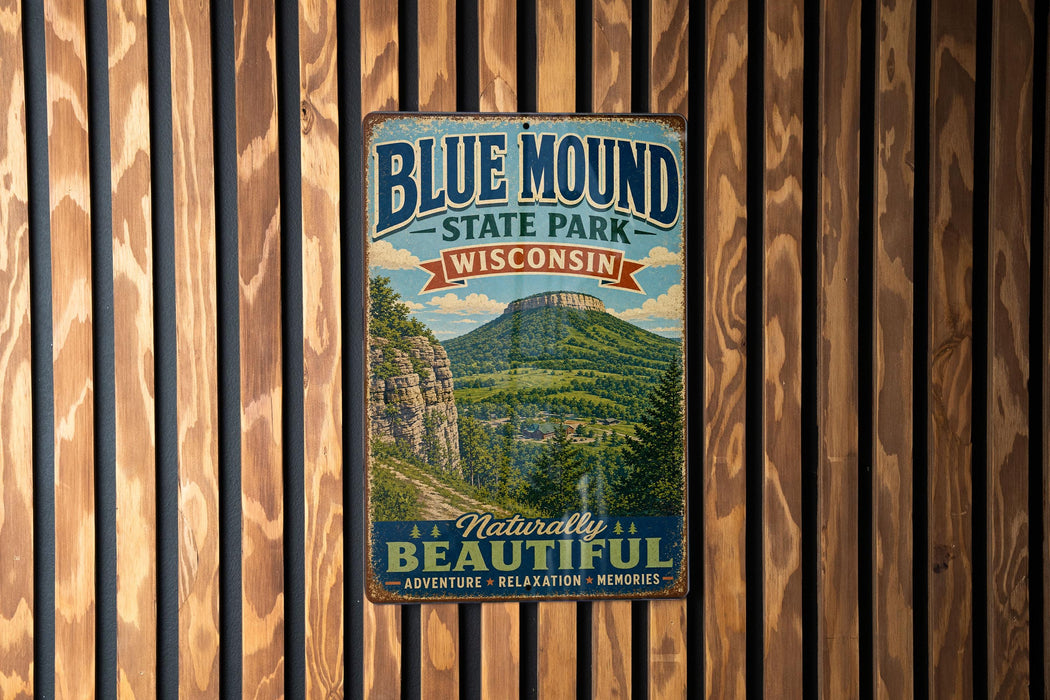 A vintage metal sign for Blue Mound State Park in Wisconsin, featuring a scenic mountain landscape.