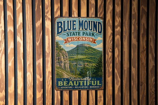 A vintage metal sign for Blue Mound State Park in Wisconsin, featuring a scenic mountain landscape.