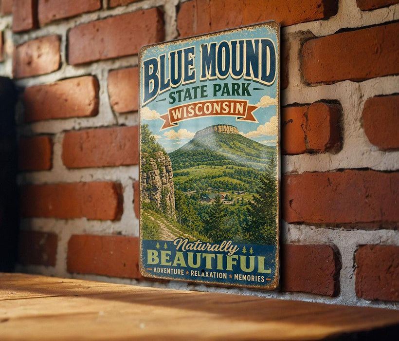 A vintage-style metal sign for Blue Mound State Park in Wisconsin, featuring a scenic mountain landscape and the text "Naturally Beautiful" and "Adventure, Relaxation, Memories".