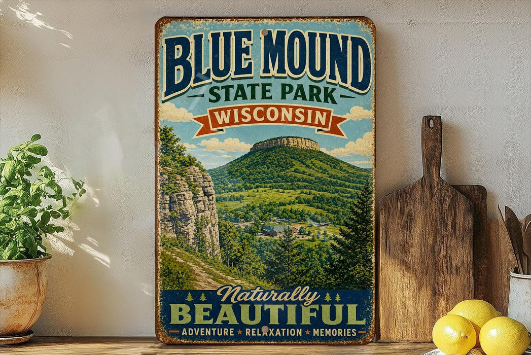 A vintage-style sign for Blue Mound State Park in Wisconsin, featuring a scenic mountain landscape with a small village in the distance.