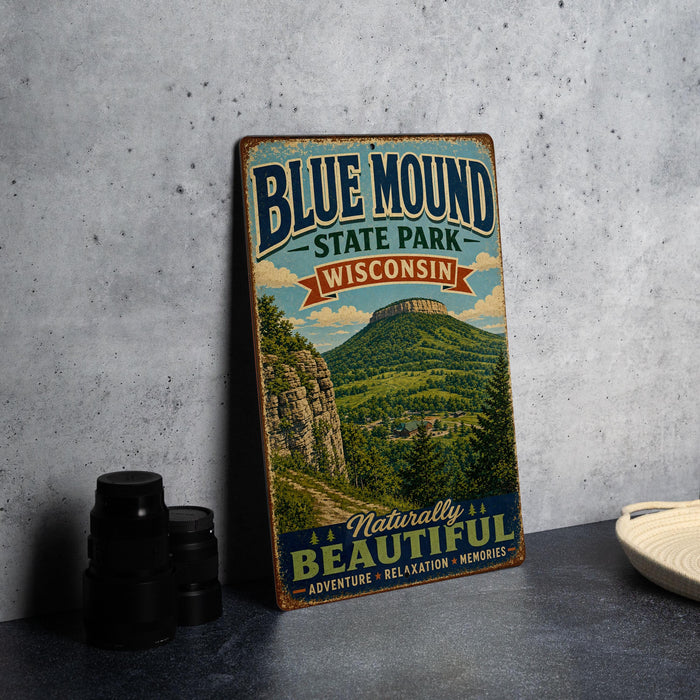 A vintage-style metal sign for Blue Mound State Park in Wisconsin, featuring a scenic mountain landscape.