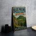 A vintage-style metal sign for Blue Mound State Park in Wisconsin, featuring a scenic mountain landscape.